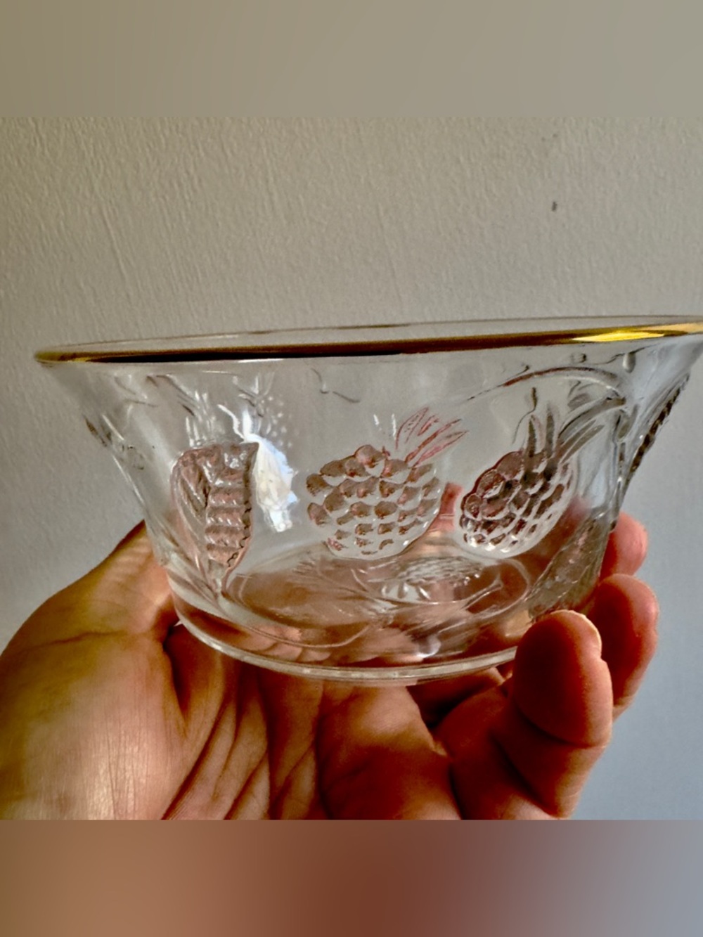 French vintage Clear Embossed Glass Berry Bowl with Gold Rim